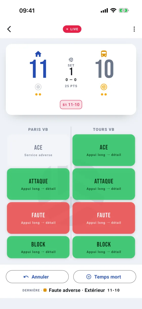 Saisie du score d’un match de volley dans Le Conteur
