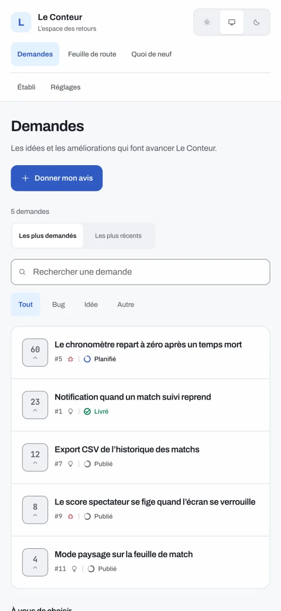 Liste des demandes classées par nombre de votes dans Le Retour
